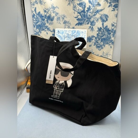 🆕 KARL LAGERFELD PARIS 🧿 NWT Black Ikonik 2.0 Tote Bag, Cartoon Karl Graphic - Picture 8 of 16